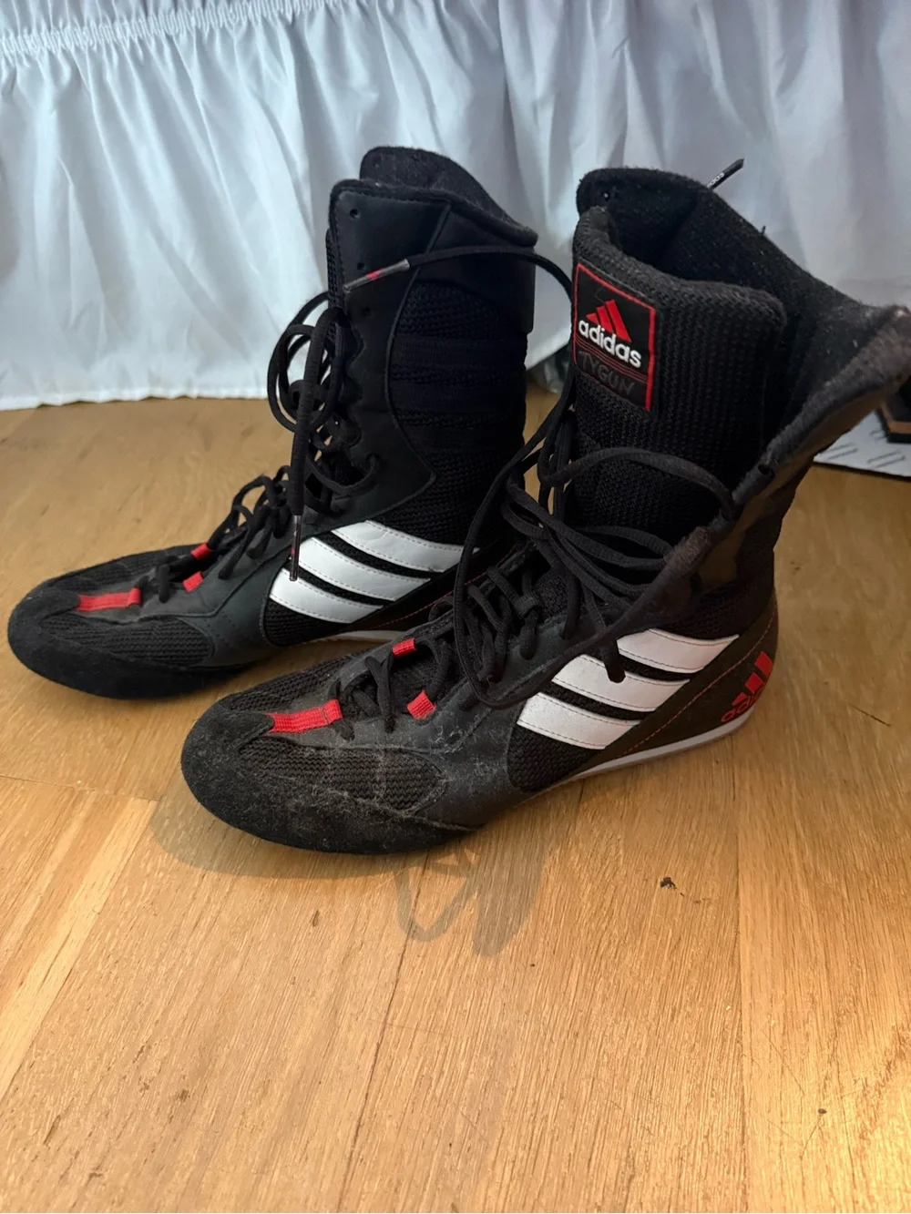 adidas Black Boxing Boots with White Stripes and Red Accents